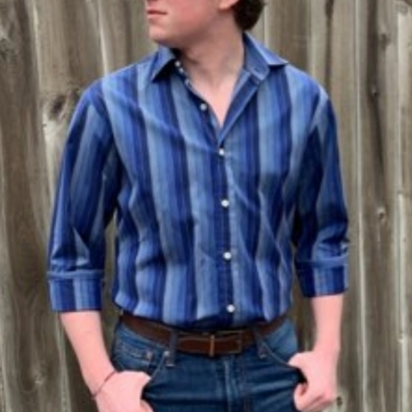 AS NEW Robert Talbott Blue Striped Dress Shirt Classic Designer Pearl Summer - Picture 1 of 9